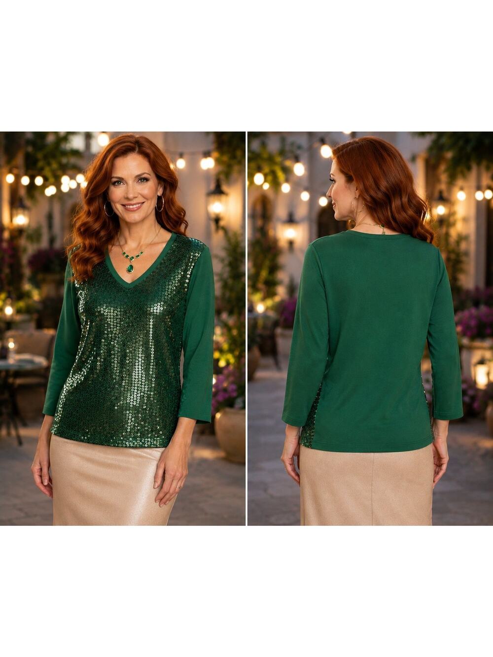 Quacker Factory Green Sequin Top Women's Medium V-Neck 3/4 Sleeve Stretch
